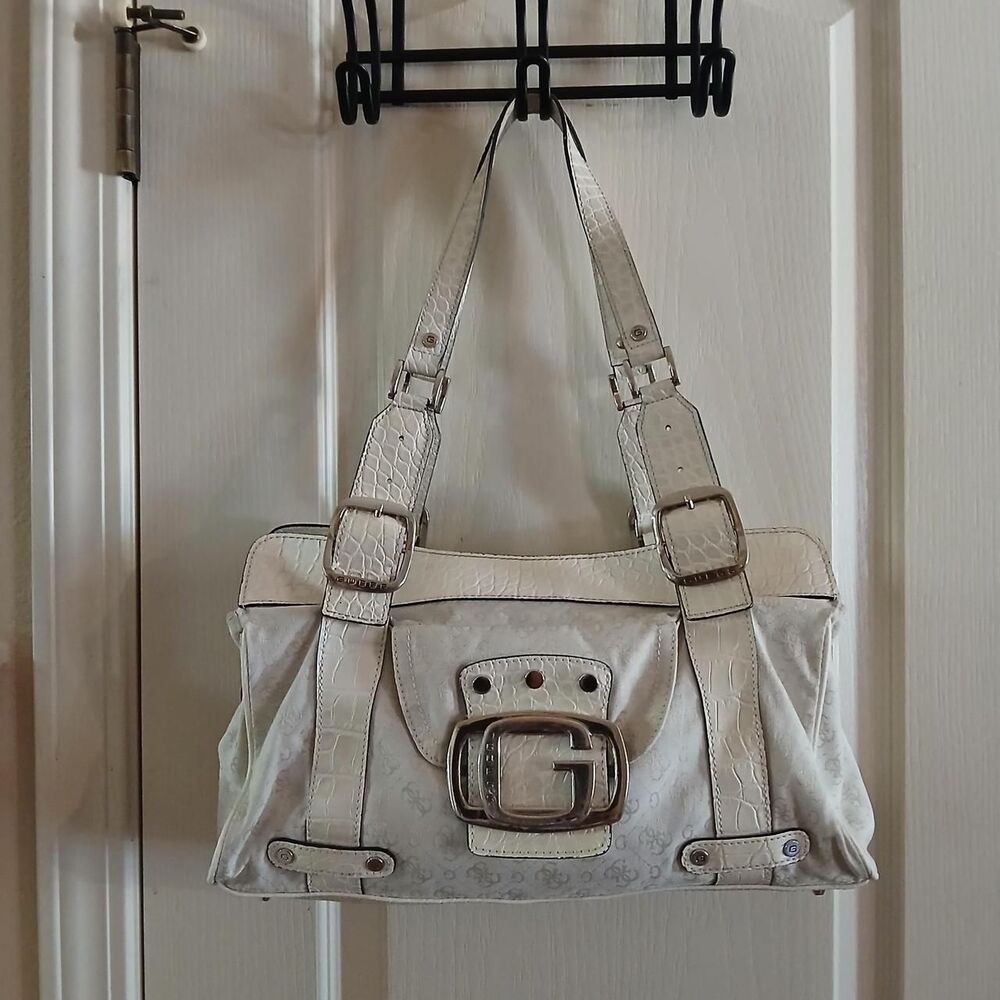 Y2K Vintage Mcbling Guess Cream Croc Embossed Big G Buckle Baguette Purse